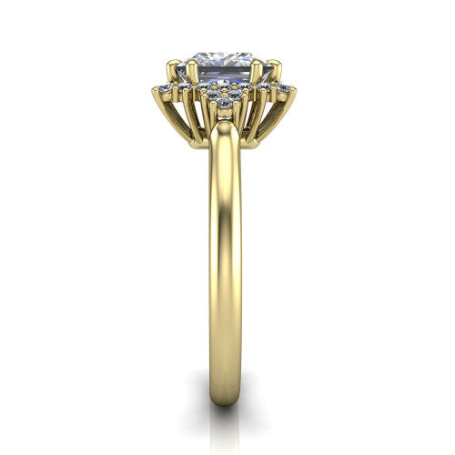 Elaine princess-cut floral halo engagement ring in 18K Yellow Gold, side profile showing the cathedral rise, floral pave halo, and slender high-polish band