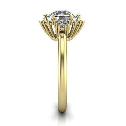 Elaine round floral halo engagement ring in 18K Yellow Gold, side profile showing the cathedral rise, floral pave halo, and slender high-polish band