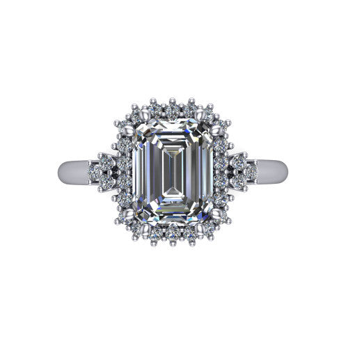 Elaine emerald-cut floral halo engagement ring in 14K White Gold, top-down view showing the emerald-cut center diamond and the radiating floral diamond cluster