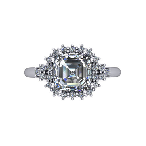 Elaine square emerald-cut floral halo engagement ring in 18K White Gold, top-down view showing the square emerald-cut center diamond and the radiating floral diamond cluster
