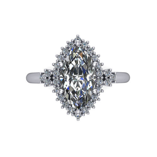 Elaine marquise floral halo engagement ring in 14K White Gold, top-down view showing the marquise center diamond and the radiating floral diamond cluster