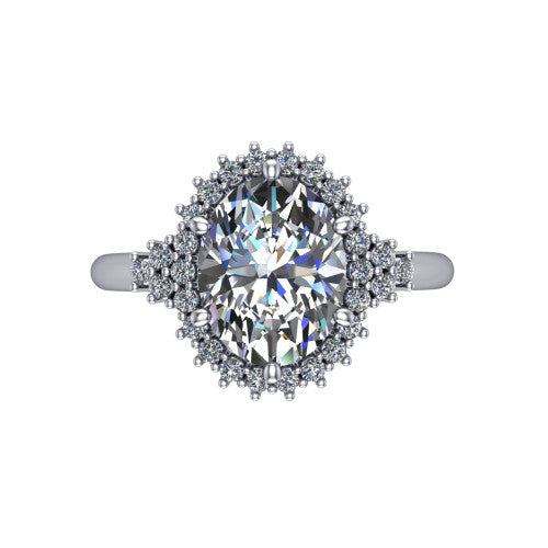 Elaine oval floral halo engagement ring in 14K White Gold, top-down view showing the oval center diamond and the radiating floral diamond cluster