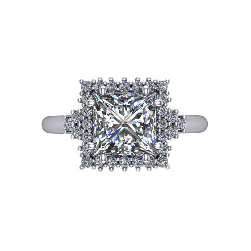 Elaine princess-cut floral halo engagement ring in Platinum, top-down view showing the princess-cut center diamond and the radiating floral diamond cluster