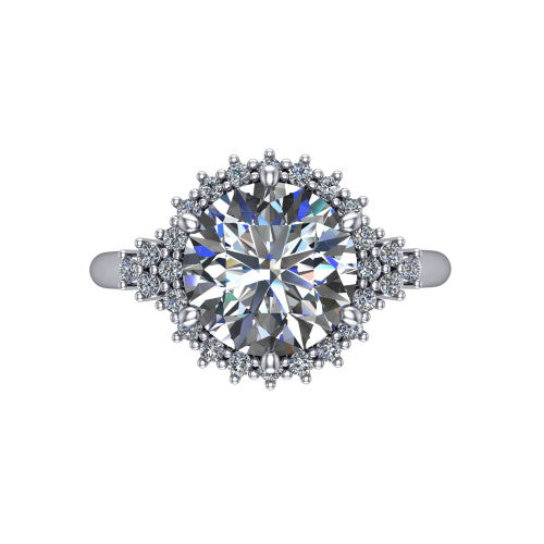 Elaine round floral halo engagement ring in Platinum, top-down view showing the round center diamond and the radiating floral diamond cluster