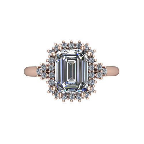 Elaine emerald-cut floral halo engagement ring in 14K Rose Gold, top-down view showing the emerald-cut center diamond and the radiating floral diamond cluster