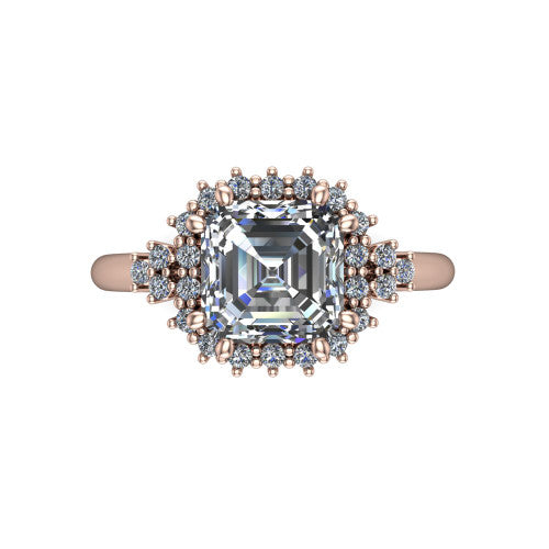 Elaine square emerald-cut floral halo engagement ring in 18K Rose Gold, top-down view showing the square emerald-cut center diamond and the radiating floral diamond cluster