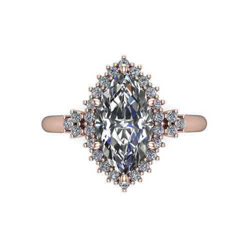 Elaine marquise floral halo engagement ring in 14K Rose Gold, top-down view showing the marquise center diamond and the radiating floral diamond cluster