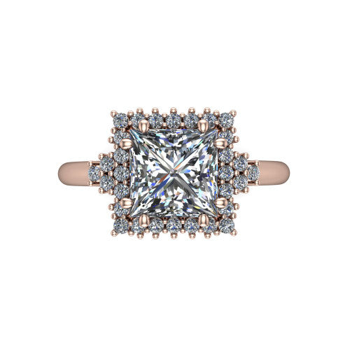 Elaine princess-cut floral halo engagement ring in 14K Rose Gold, top-down view showing the princess-cut center diamond and the radiating floral diamond cluster