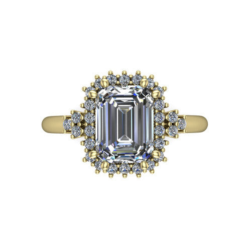 Elaine emerald-cut floral halo engagement ring in 14K Yellow Gold, top-down view showing the emerald-cut center diamond and the radiating floral diamond cluster