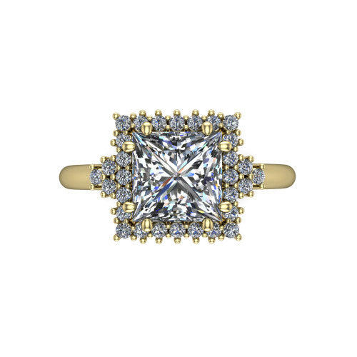 Elaine princess-cut floral halo engagement ring in 18K Yellow Gold, top-down view showing the princess-cut center diamond and the radiating floral diamond cluster