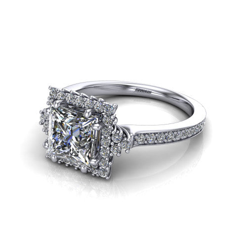 Zariah Princess Shape Halo Engagement Ring in 14K White Gold