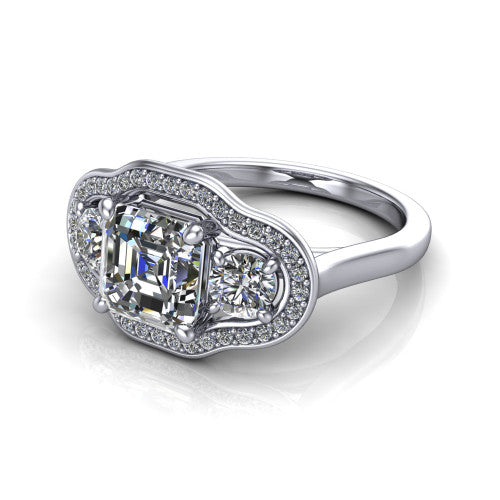 Makayla square emerald-cut three-stone halo engagement ring in 14K White Gold, three-quarter perspective showing the square emerald-cut center diamond, two side stones, and individual pave halos on the east-west gallery