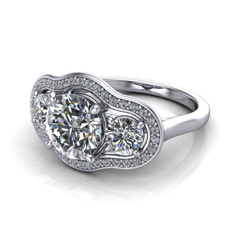 Makayla round three-stone halo engagement ring in 14K White Gold, three-quarter perspective showing the round center diamond, two side stones, and individual pave halos on the east-west gallery