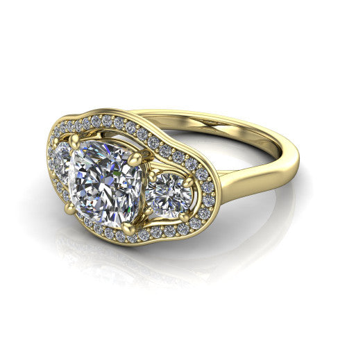 Makayla cushion three-stone halo engagement ring in 14K Yellow Gold, three-quarter perspective showing the cushion center diamond, two side stones, and individual pave halos on the east-west gallery