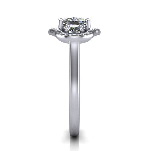 Makayla cushion three-stone halo engagement ring in 18K White Gold, side profile showing the cathedral rise, pave halos, and high-polish band