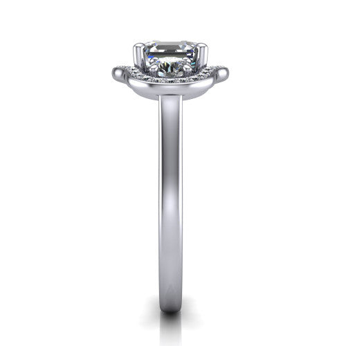 Makayla square emerald-cut three-stone halo engagement ring in Platinum, side profile showing the cathedral rise, pave halos, and high-polish band