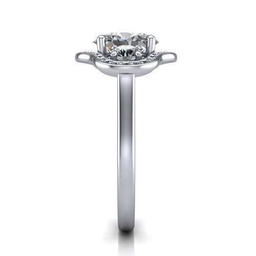 Makayla oval three-stone halo engagement ring in 14K White Gold, side profile showing the cathedral rise, pave halos, and high-polish band