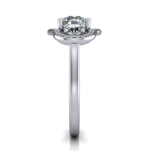 Makayla round three-stone halo engagement ring in 18K White Gold, side profile showing the cathedral rise, pave halos, and high-polish band