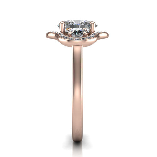 Makayla oval three-stone halo engagement ring in 18K Rose Gold, side profile showing the cathedral rise, pave halos, and high-polish band