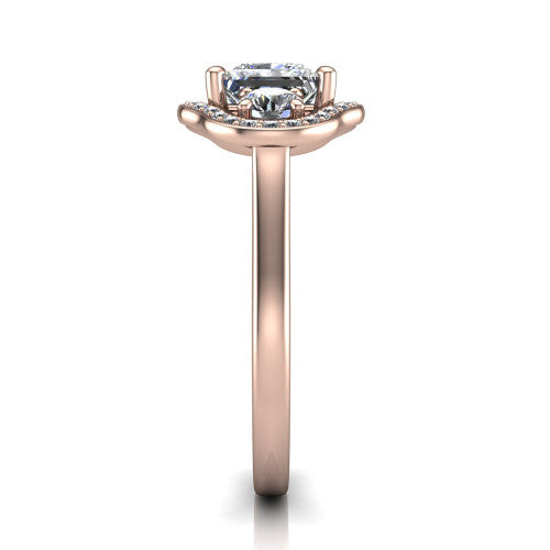 Makayla princess-cut three-stone halo engagement ring in 14K Rose Gold, side profile showing the cathedral rise, pave halos, and high-polish band