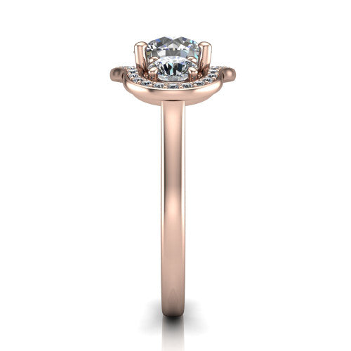 Makayla round three-stone halo engagement ring in 14K Rose Gold, side profile showing the cathedral rise, pave halos, and high-polish band