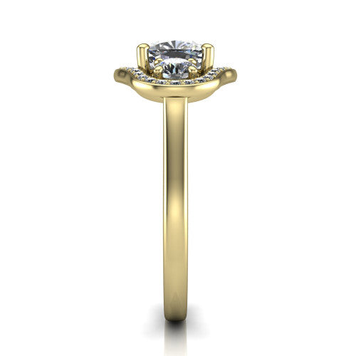 Makayla cushion three-stone halo engagement ring in 18K Yellow Gold, side profile showing the cathedral rise, pave halos, and high-polish band