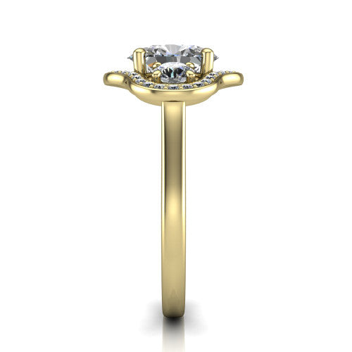 Makayla oval three-stone halo engagement ring in 14K Yellow Gold, side profile showing the cathedral rise, pave halos, and high-polish band