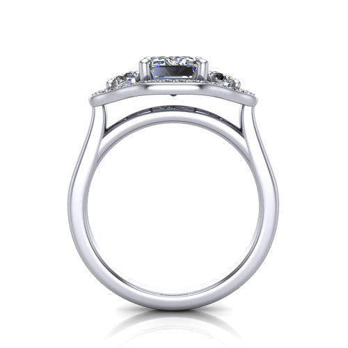 Makayla emerald-cut three-stone halo engagement ring in 14K White Gold, through-finger front profile showing the open cathedral under-gallery and the trio of pave halos