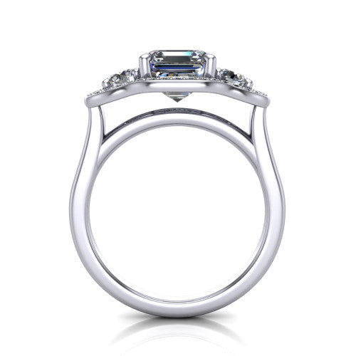 Makayla square emerald-cut three-stone halo engagement ring in Platinum, through-finger front profile showing the open cathedral under-gallery and the trio of pave halos