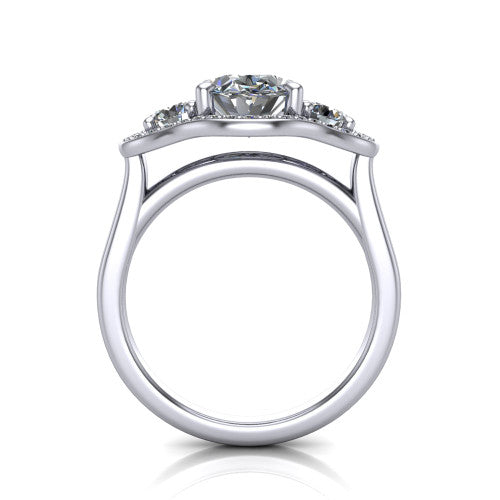 Makayla oval three-stone halo engagement ring in 18K White Gold, through-finger front profile showing the open cathedral under-gallery and the trio of pave halos