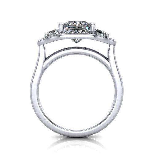 Makayla princess-cut three-stone halo engagement ring in 14K White Gold, through-finger front profile showing the open cathedral under-gallery and the trio of pave halos