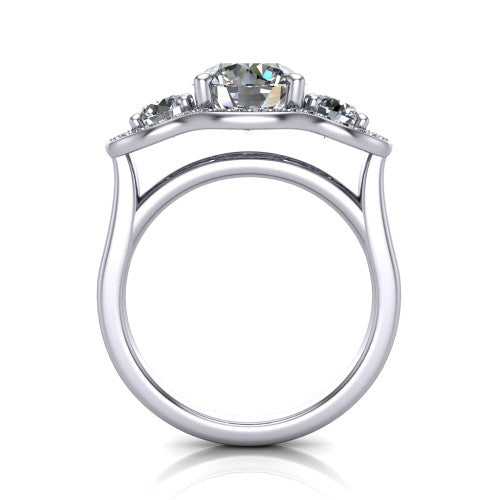 Makayla round three-stone halo engagement ring in 14K White Gold, through-finger front profile showing the open cathedral under-gallery and the trio of pave halos