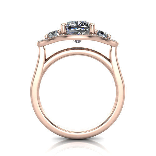Makayla cushion three-stone halo engagement ring in 18K Rose Gold, through-finger front profile showing the open cathedral under-gallery and the trio of pave halos