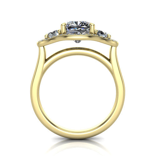 Makayla cushion three-stone halo engagement ring in 14K Yellow Gold, through-finger front profile showing the open cathedral under-gallery and the trio of pave halos