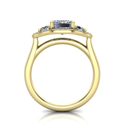Makayla emerald-cut three-stone halo engagement ring in 18K Yellow Gold, through-finger front profile showing the open cathedral under-gallery and the trio of pave halos
