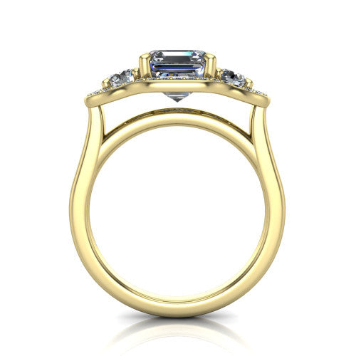 Makayla square emerald-cut three-stone halo engagement ring in 18K Yellow Gold, through-finger front profile showing the open cathedral under-gallery and the trio of pave halos