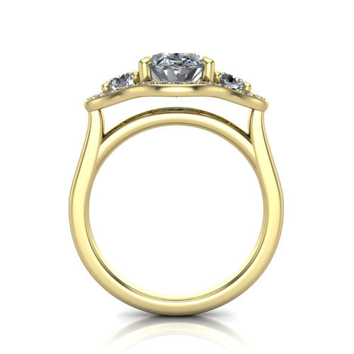 Makayla oval three-stone halo engagement ring in 18K Yellow Gold, through-finger front profile showing the open cathedral under-gallery and the trio of pave halos