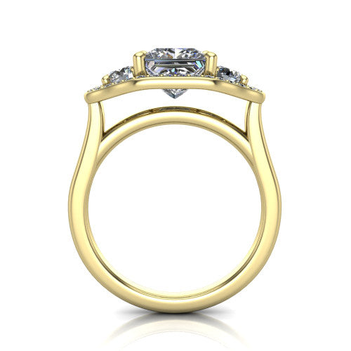 Makayla princess-cut three-stone halo engagement ring in 14K Yellow Gold, through-finger front profile showing the open cathedral under-gallery and the trio of pave halos
