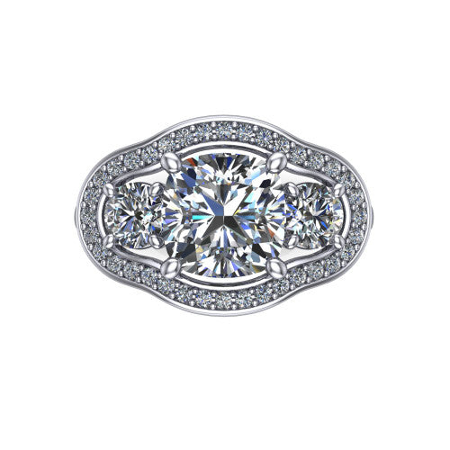 Makayla cushion three-stone halo engagement ring in Platinum, top-down view showing the cushion center diamond and two side stones framed by individual pave halos