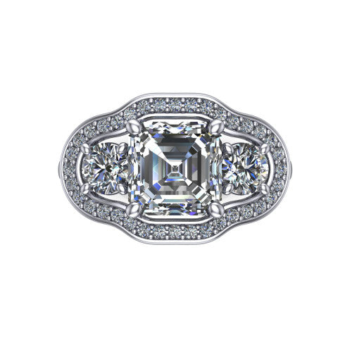 Makayla square emerald-cut three-stone halo engagement ring in 14K White Gold, top-down view showing the square emerald-cut center diamond and two side stones framed by individual pave halos