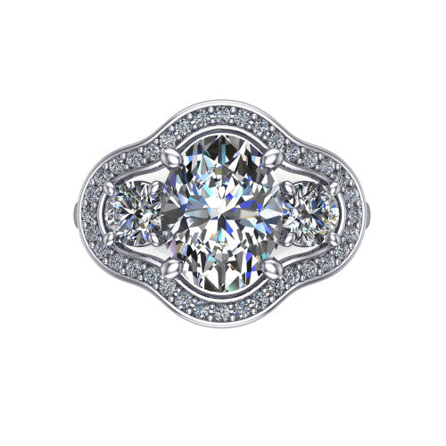 Makayla oval three-stone halo engagement ring in 14K White Gold, top-down view showing the oval center diamond and two side stones framed by individual pave halos