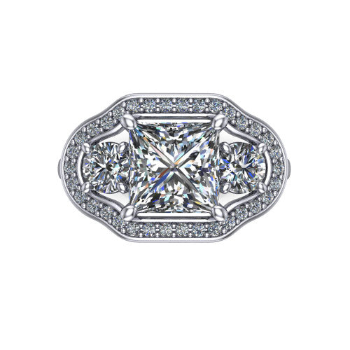 Makayla princess-cut three-stone halo engagement ring in 14K White Gold, top-down view showing the princess-cut center diamond and two side stones framed by individual pave halos
