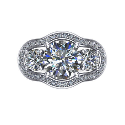 Makayla round three-stone halo engagement ring in 18K White Gold, top-down view showing the round center diamond and two side stones framed by individual pave halos