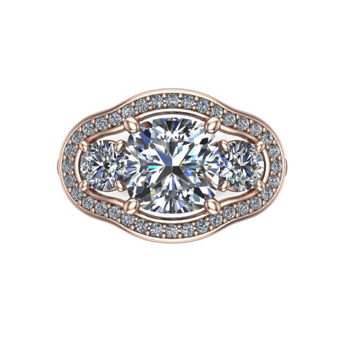Makayla cushion three-stone halo engagement ring in 14K Rose Gold, top-down view showing the cushion center diamond and two side stones framed by individual pave halos