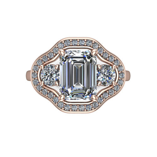 Makayla emerald-cut three-stone halo engagement ring in 18K Rose Gold, top-down view showing the emerald-cut center diamond and two side stones framed by individual pave halos
