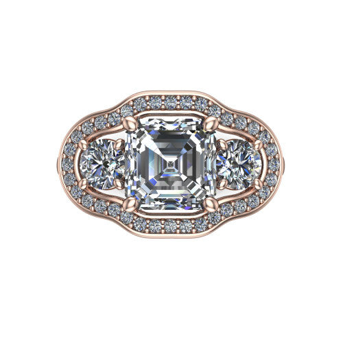 Makayla square emerald-cut three-stone halo engagement ring in 14K Rose Gold, top-down view showing the square emerald-cut center diamond and two side stones framed by individual pave halos