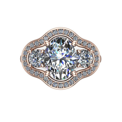 Makayla oval three-stone halo engagement ring in 14K Rose Gold, top-down view showing the oval center diamond and two side stones framed by individual pave halos