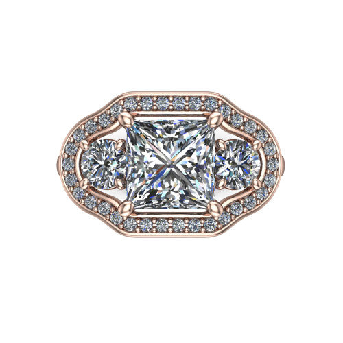Makayla princess-cut three-stone halo engagement ring in 14K Rose Gold, top-down view showing the princess-cut center diamond and two side stones framed by individual pave halos