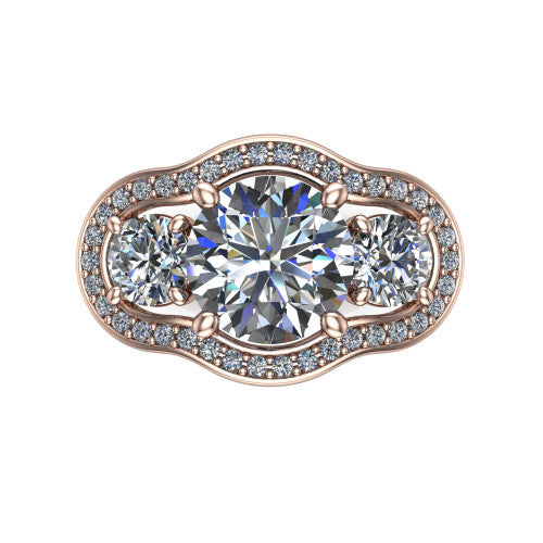 Makayla round three-stone halo engagement ring in 18K Rose Gold, top-down view showing the round center diamond and two side stones framed by individual pave halos