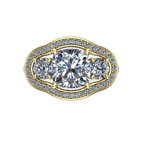 Makayla cushion three-stone halo engagement ring in 18K Yellow Gold, top-down view showing the cushion center diamond and two side stones framed by individual pave halos